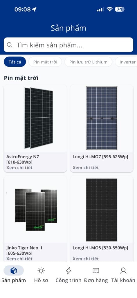 EMPower App - Danh mục sản phẩm pin mặt trời
